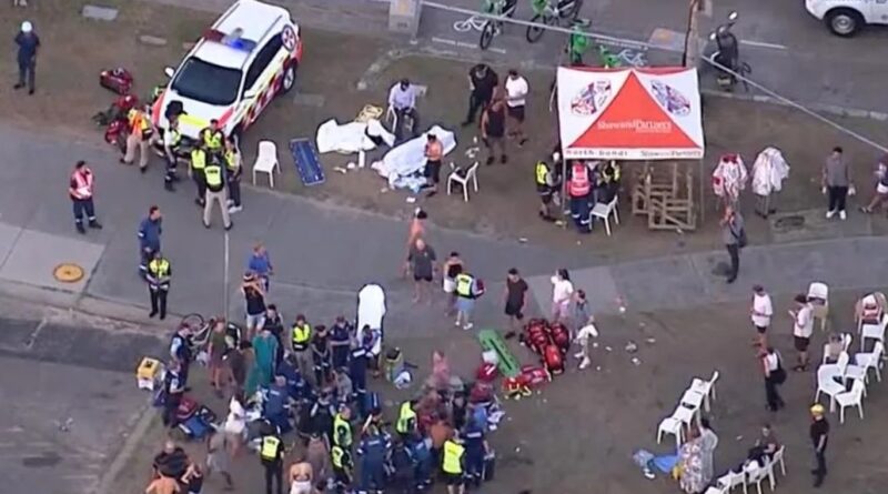 Emergency responders attending to an accident scene with injured people and bystanders on the street.