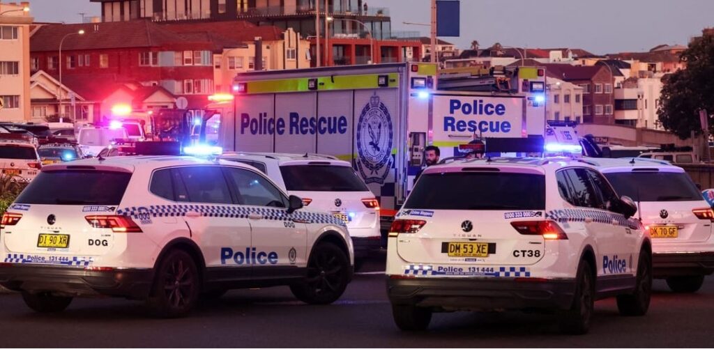 Police rescue vehicles with flashing lights at night, emergency response scene.