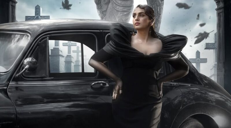 A woman in a stylish black dress standing beside a vintage black car in a cemetery with crosses and.
