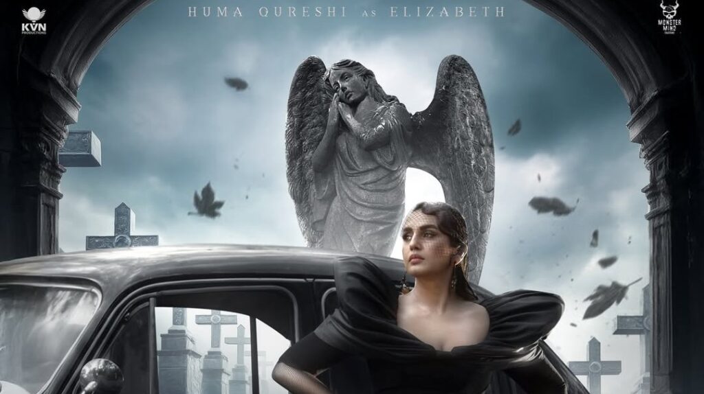A woman standing beside a vintage car with a large angel statue in the background, under a dark, clo.