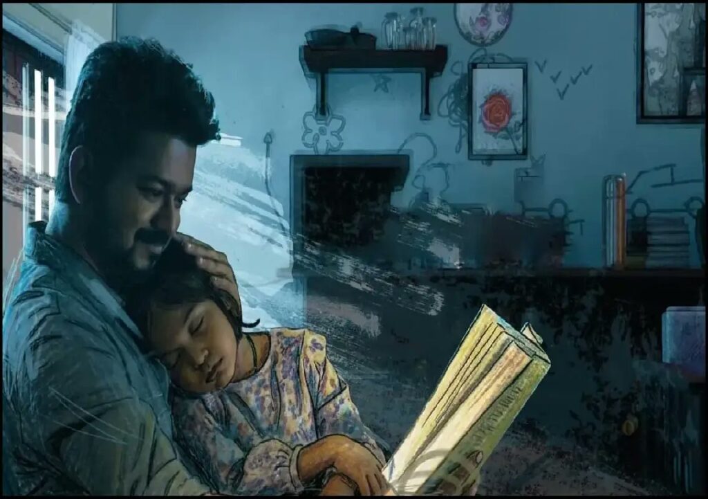Father and daughter reading a book together in a cozy home setting.