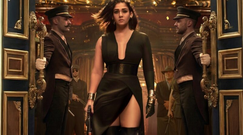 A woman in a black dress with a high slit, standing confidently in an elegant setting with doormen.