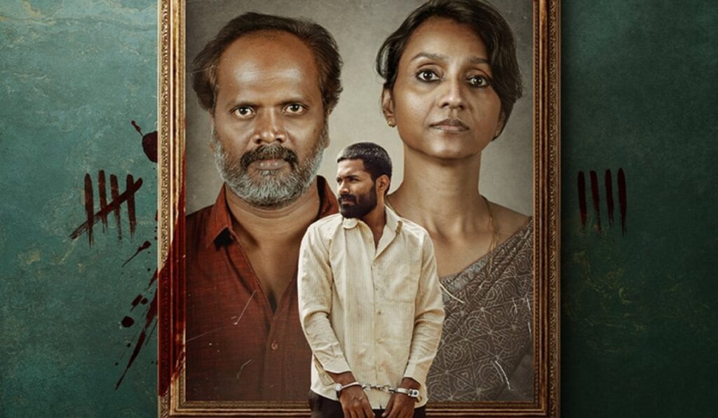 A woman and a man appear in a framed portrait with a smaller man standing in front of it, symbolizin.
