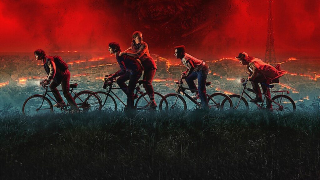 A cycling group riding at sunset with a cityscape in the background, emphasizing teamwork and outdoo.