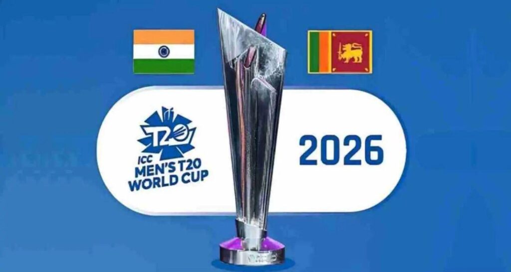 India and Sri Lanka flags with ICC Men's T20 World Cup 2026 trophy on blue background.