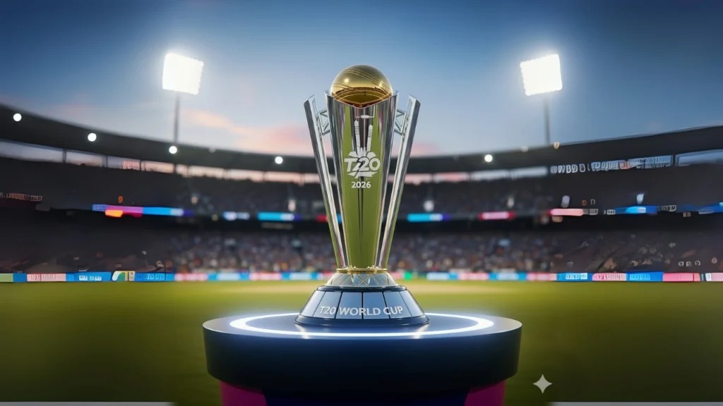 T20 World Cup trophy on a stadium field with floodlights at dusk.