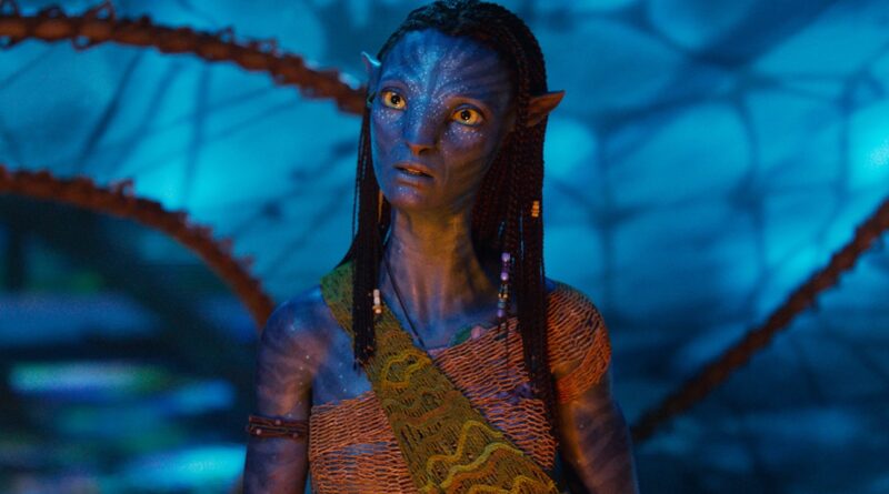 Blue-skinned fantasy character with pointed ears and braided hair in a vibrant, mystical setting.