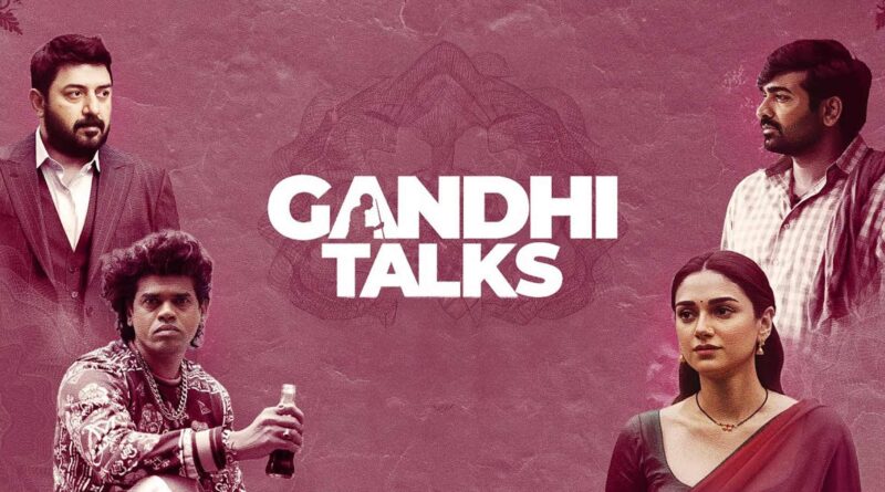 A woman and two men engaged in a conversation, promoting Gandhi Talks on Soochna Tantra website.