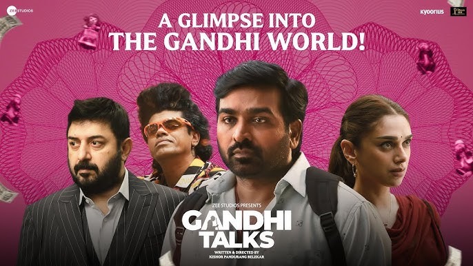 Group of four diverse individuals in front of a pink background with a Gandhi-themed design.
