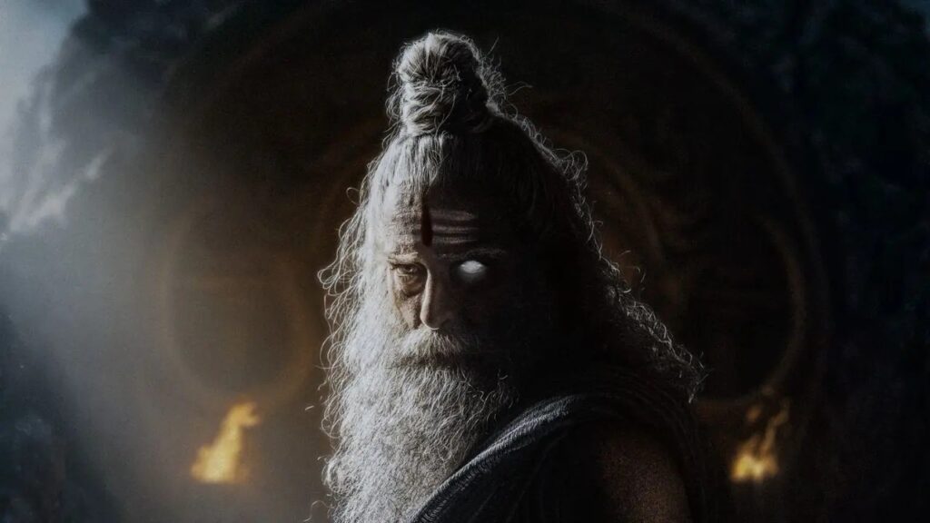 Ancient sage with glowing eyes meditating in a mystical setting for spiritual enlightenment.
