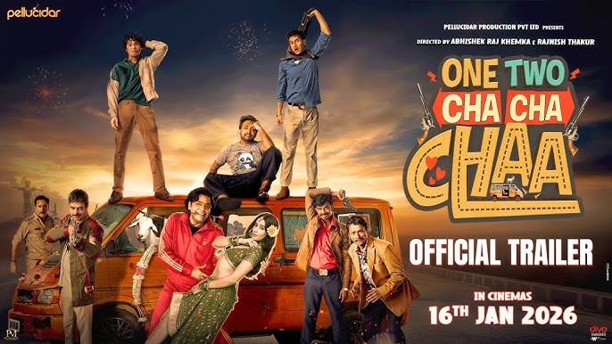 Brightly dressed group celebrating on a vintage vehicle for the "One Two Cha Cha Cha" movie poster.