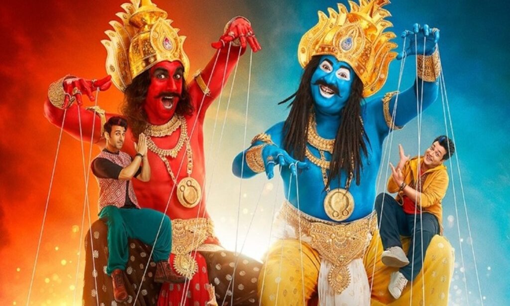 Traditional Indian puppet show with mythological characters and performers.