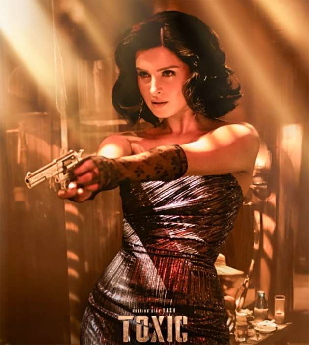 A woman with dark hair aiming a gun, dressed in a shiny, metallic outfit in a dramatic scene.